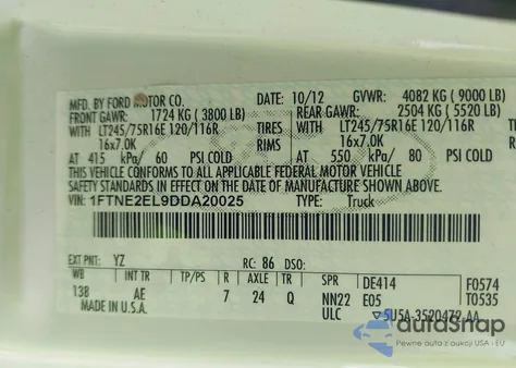 2013 Ford E-250 Commercial из США, поврежденный, VIN 1FTNE2EL9DDA20025